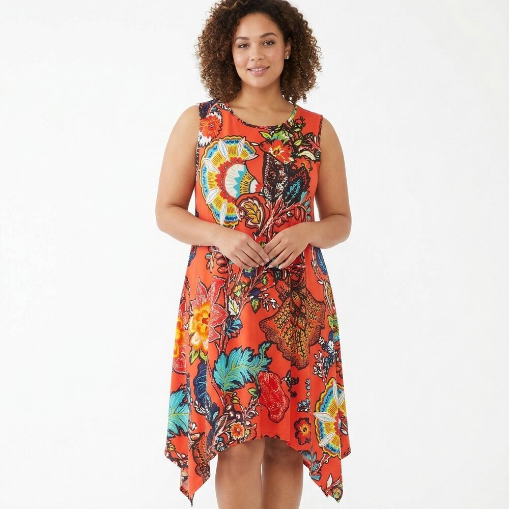 Grace Elements Dress Red Floral Sleeveless Summer Asymmetrical Shift 2X